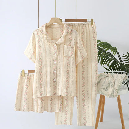 Pajamas pure cotton three-piece set spring and summer thin crepe autumn gauze lapel short-sleeved trousers shorts loungewear set