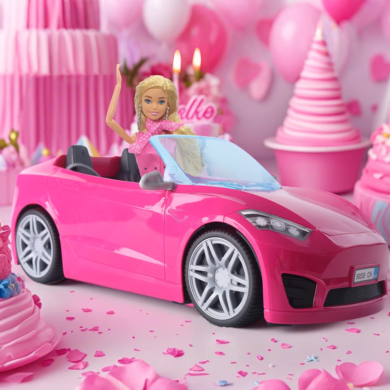 Doll Accessories Toy Car Playset Bright Pink Doll-Sized Convertible with 2 Seats Seatbelts & Rolling Wheels Realistic Details.