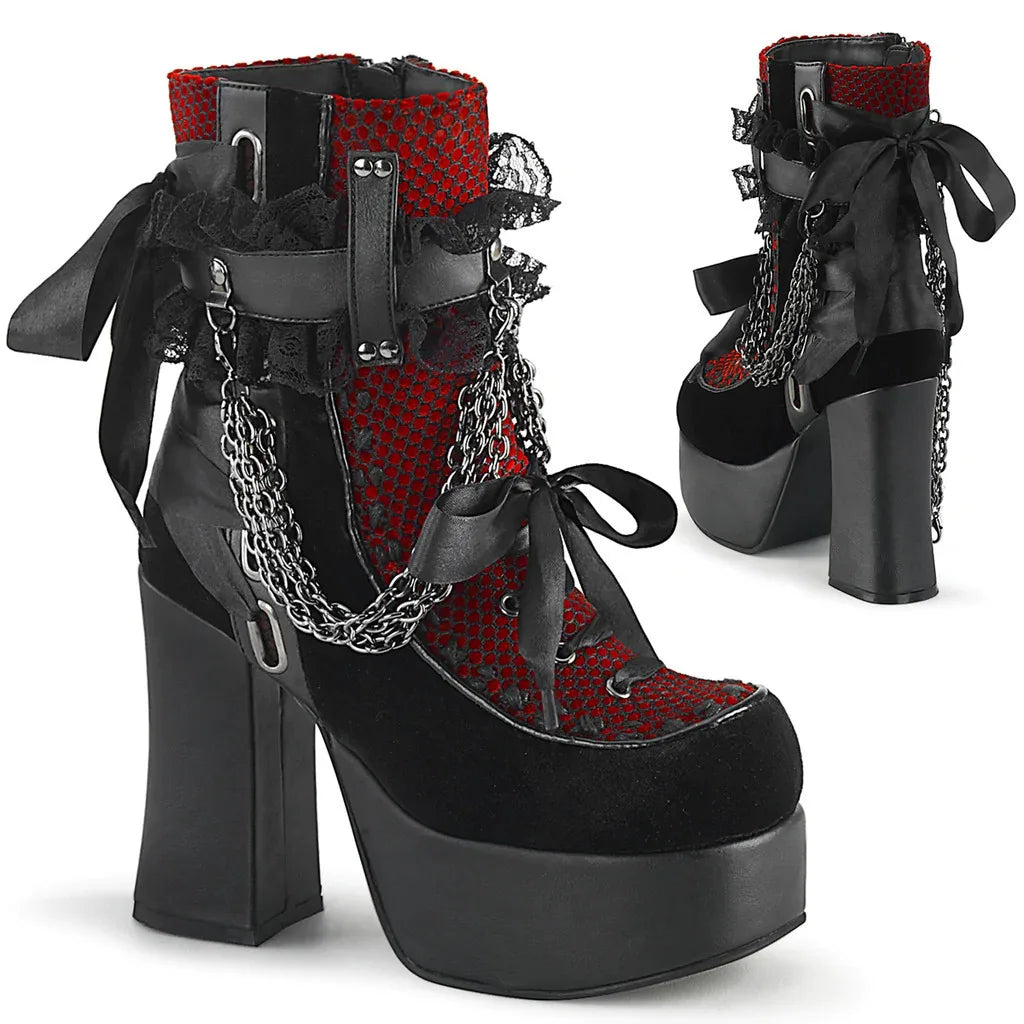 Gothic Style Chain Lace Up Bow Women Short Boots Retro Round Toe Square Heel Chunky Platform Ankle Boots Punk Ladies Party Shoes.