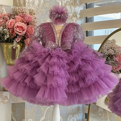 Wunderschönes und elegantes langärmliges Mädchenkleid mit V-Ausschnitt und Pailletten für Kinderklavieraufführungen, Laufsteg-Performance-Mesh-Kuchenkleid.