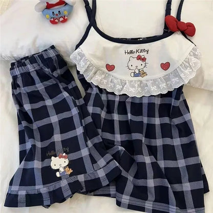 Hello Kitty Pyjama-Set für Damen, niedliche Nachtwäsche, Cartoon, ärmellos, Tank-Top, Shorts, Zuhause, Sommer, gemütliche Loungewear, Geschenk für Mädchen, Sanrio.