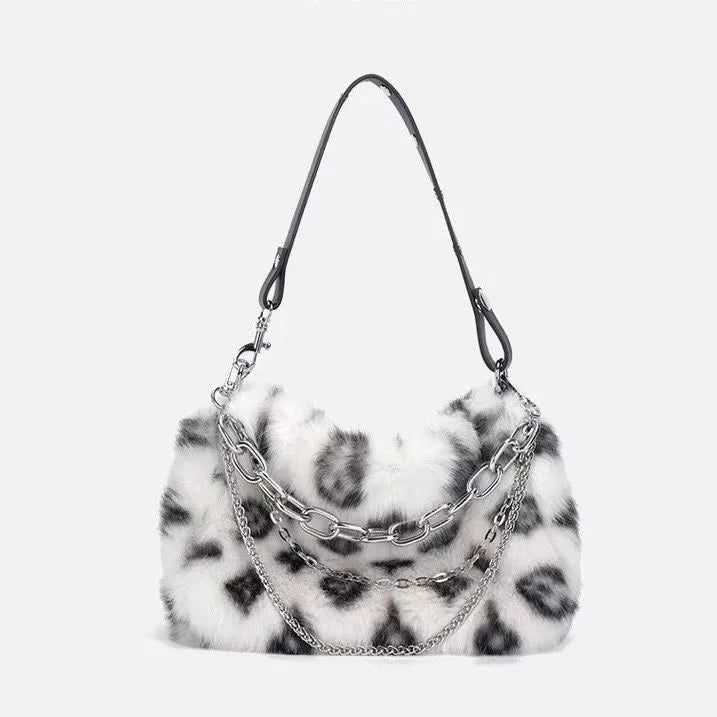 New Faux Fur Leopard Shoulder Bag Women's Autumn Winter Chain Handbags Ladies Leopard Print Clutch Purses Fluffy Top Handle Bags.