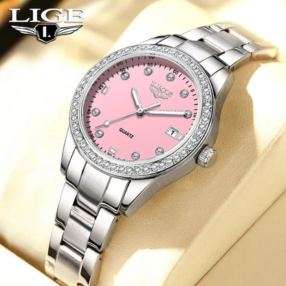 LIGE 2025 Diamond Women's Watch Fashion Elegant Quartz Wristwatches Waterproof Steel Strap Watch For Ladies Gifts Reloj Mujer.