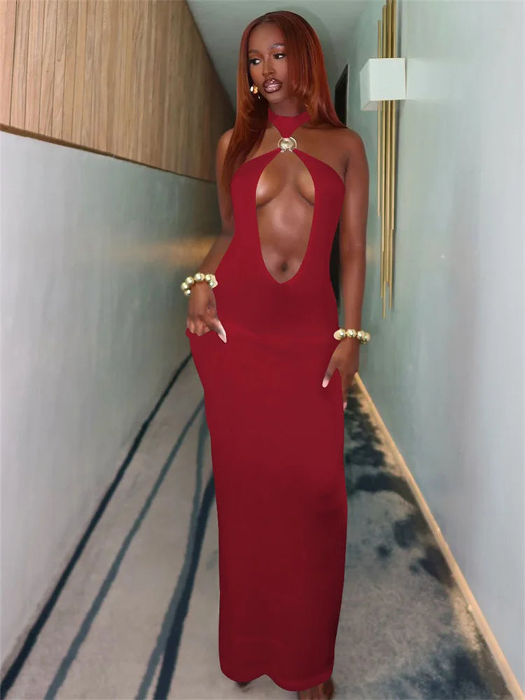 Seltsame Puss Sexy Frau Kleid Ärmellose Hohl Backless Metall Ringe Dünne Elastizität Einfache Party 2025, Sommer Trend Vestidos