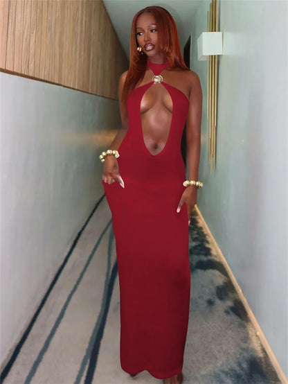 Seltsame Puss Sexy Frau Kleid Ärmellose Hohl Backless Metall Ringe Dünne Elastizität Einfache Party 2025, Sommer Trend Vestidos