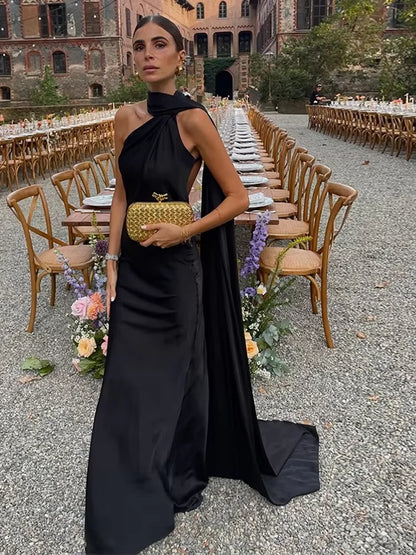 Band hängenden Hals lange Kleider schräg Schulter schnüren rücken frei seidig Satin Temperament Slim Fit Neck holder Frau Fischschwanz Kleid