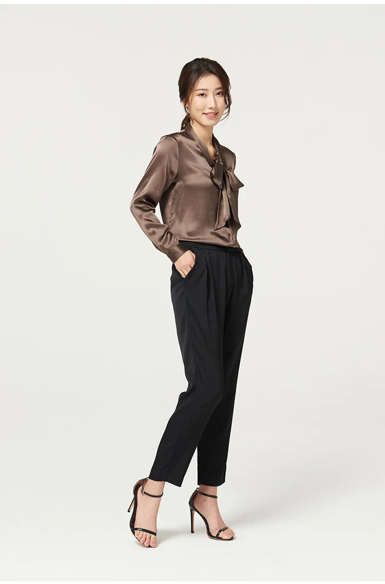 Heavyweight Mulberry Silk Shirt Women's 2025 Spring And Autumn New Long Sleeve Satin Silk Blouse V-neck Bow Ribbon Shirt