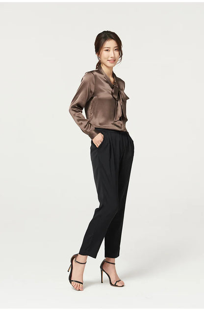 Heavyweight Mulberry Silk Shirt Women's 2025 Spring And Autumn New Long Sleeve Satin Silk Blouse V-neck Bow Ribbon Shirt