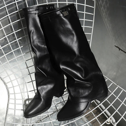 Fashion Wide Leg Knee High Boots Women Autumn Winter Slip On High Heels Pants Boots Woman Pu Leather Long Botas Plus Size 36-43.