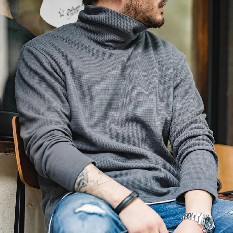 Maden Casual Gray Knitted Turtleneck Sweaters Men's Vintage 310g High Collar Waffle Pullovers Basic Fashion Black Warm Jumper.