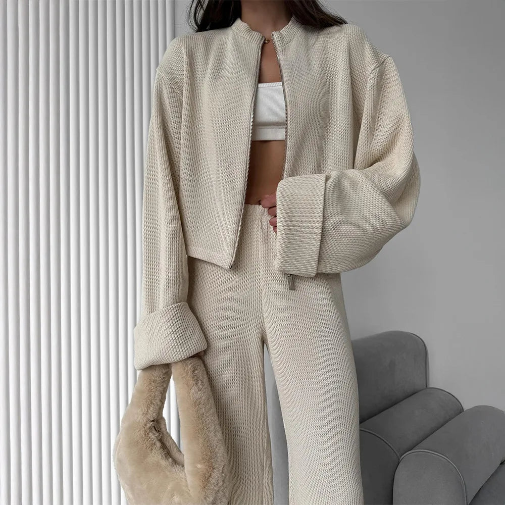 Knit Women 2 Piece Outfit Round Neck Zipper Loose Cuffs Cropped Coat For Lady Sporty Elatic Waist Autumn Female Wide Leg Pants.