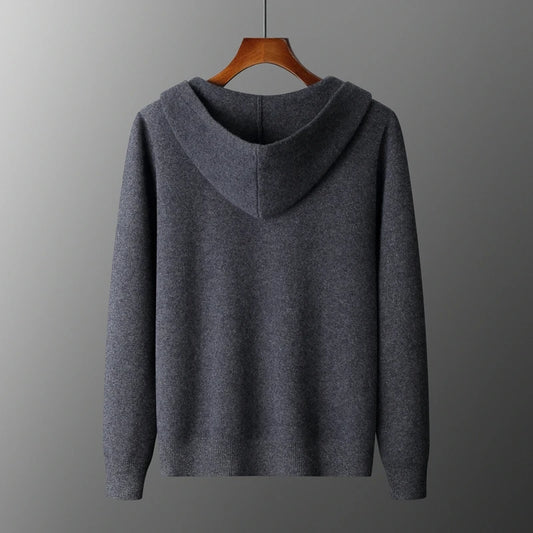 Men's 100% Cashmere Sweater Zipper Hooded Cardigan Warm Air Layer Thickened Jacket Jacquard Casual Knitted Wool Sweater.