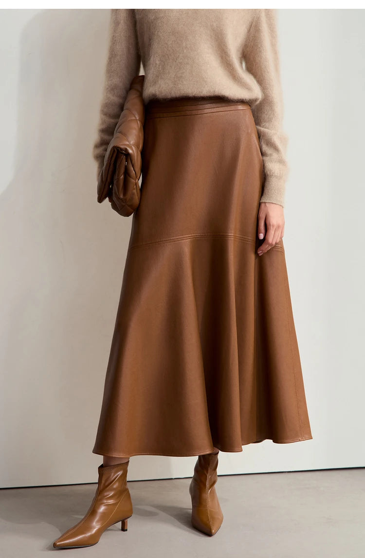 AMII Minimalist Elegant Commuter Environmentally Friendly PU Leather Skirt 2024 Winter New Women's Loose A-shaped Skirt 12444181.