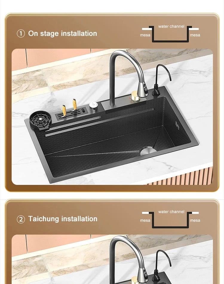 Large Single Slot Embossed Stainless Steel Waterfall Kitchen Sink  Household Wash basin Dishwashing  Sink For Kitchen