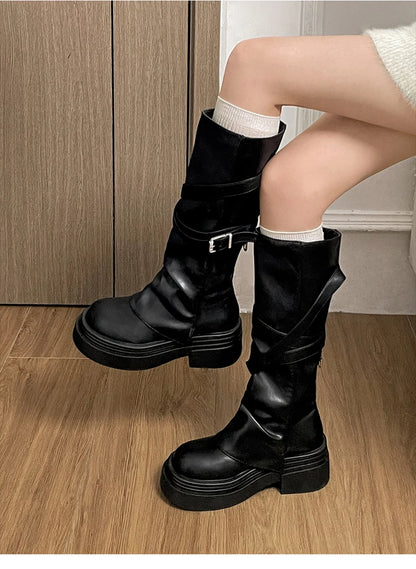 Vintage Thick Heel Women Knight Long Boots Fashion Slip On Knee High Booties Autumn Winter Shoes Zapatos De Mujer.