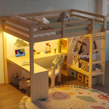 Modernes Kinder-Hochbett 140 x 200 mit Multifunktionsregalen, Unterbett-Schreibtisch, LED-Licht und USB, Kleiderschrank mit Stauraum, für Schlafzimmer