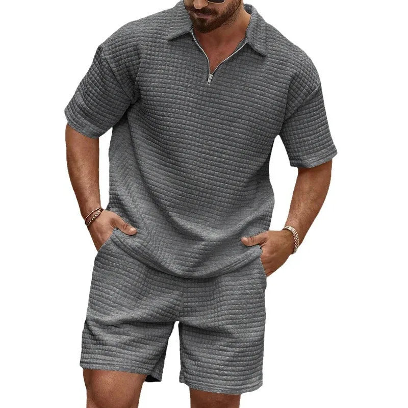 2024European and American Men's Spring and Summer Trends Youth Outdoor Lapel Small Plaid Short Sleeve Shorts Sports Suit.