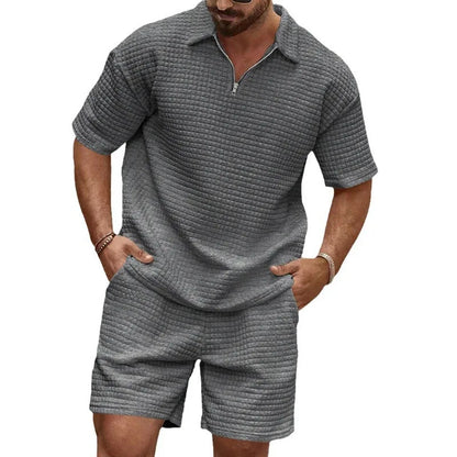 2024European and American Men's Spring and Summer Trends Youth Outdoor Lapel Small Plaid Short Sleeve Shorts Sports Suit.