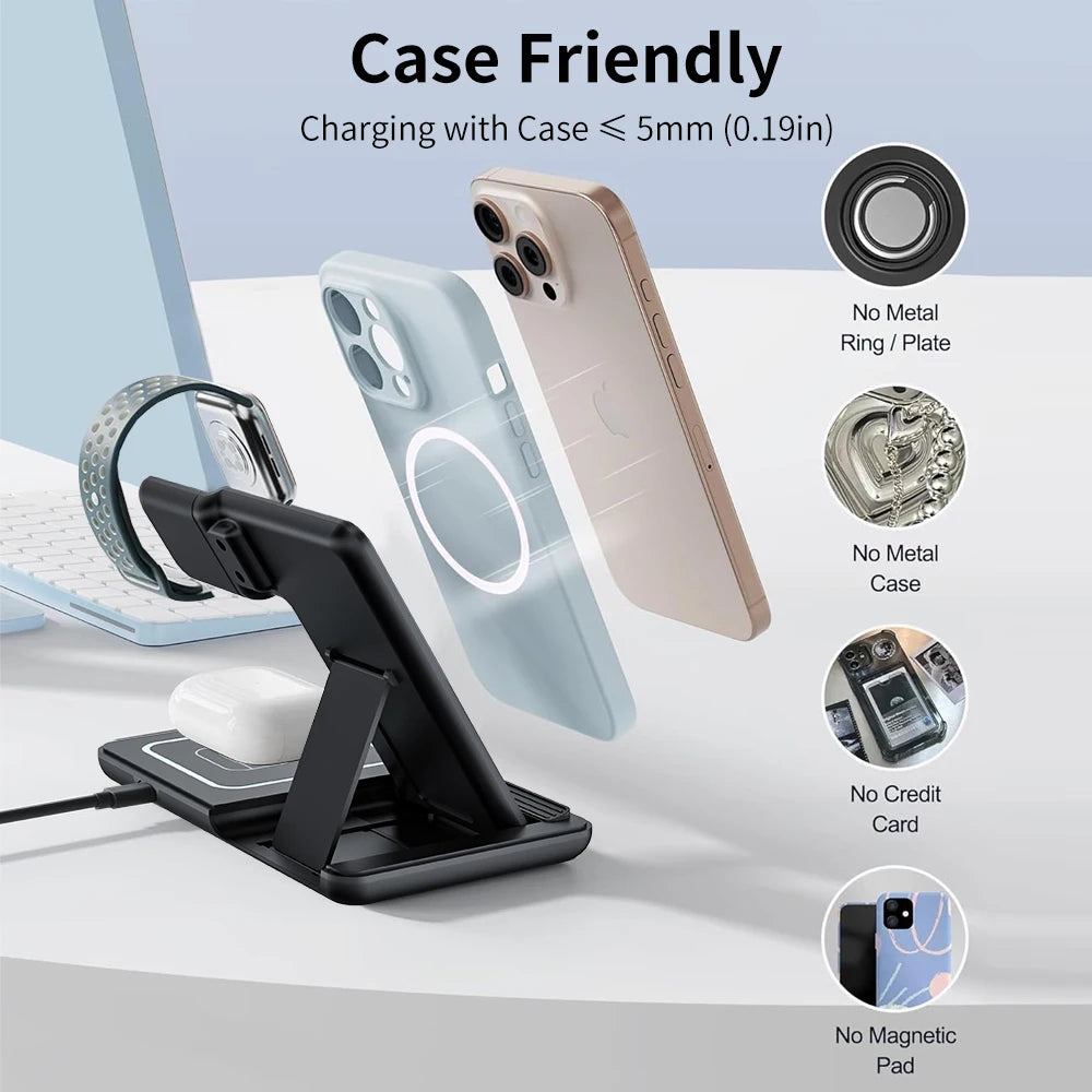 100W Foldable 3 in 1 Night Light Wireless Charger Stand For iPhone Apple Watch 2-8 SE Airpods Pro Fast Charging Station.