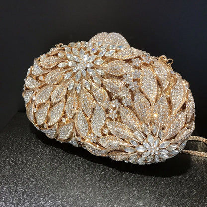 Gold Metal Leaves White Crystals Evening Clutch Bags Luxury Women Wedding Party Purse Ball Handbags Rhinestone Mini heart bag.