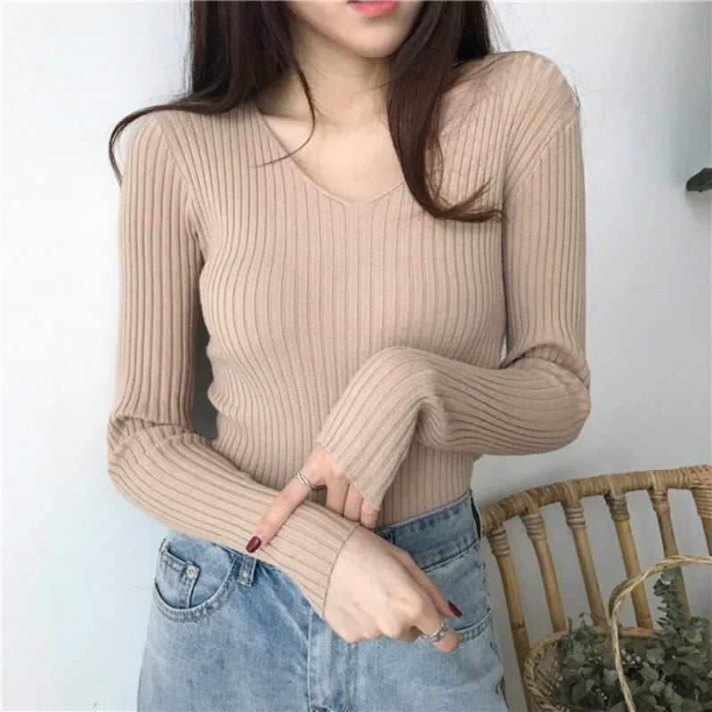 Koreanische Herbst V-ausschnitt Pullover Gestrickte Mode Pullover 2025, Schlank Winter Tops Für Frauen Pullover Jumper Pull Femme Truien Dames