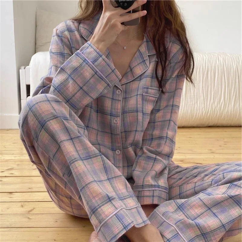 Pajamas Female Autumn and Winter Long-Sleeved Sweet Homewear Two-Piece Tide Cardigan Lapel Plaid Homewear 1.