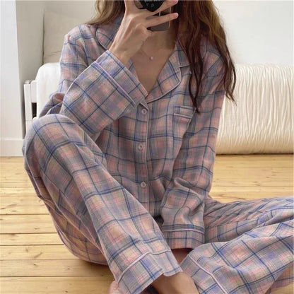 Pajamas Female Autumn and Winter Long-Sleeved Sweet Homewear Two-Piece Tide Cardigan Lapel Plaid Homewear 1.