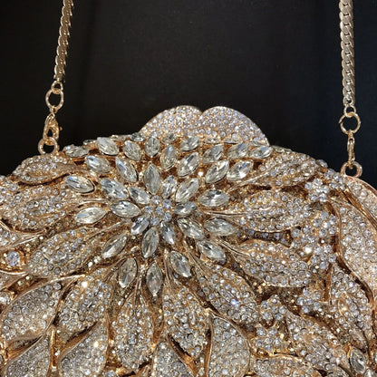 Gold Metal Leaves White Crystals Evening Clutch Bags Luxury Women Wedding Party Purse Ball Handbags Rhinestone Mini heart bag