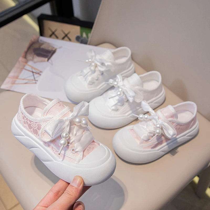 Children’s Casual Sneakers for Girls 2025 Autumn New Toddler Canvas Shoes with Shiny Bow Non-slip Breathable Kid Cotton Sneakers.
