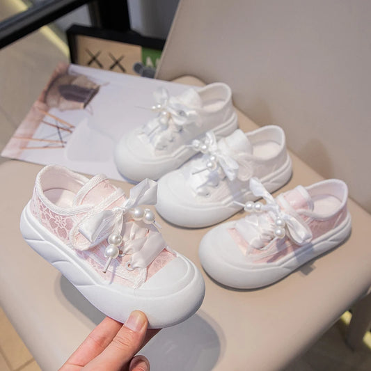 Children’s Casual Sneakers for Girls 2025 Autumn New Toddler Canvas Shoes with Shiny Bow Non-slip Breathable Kid Cotton Sneakers.