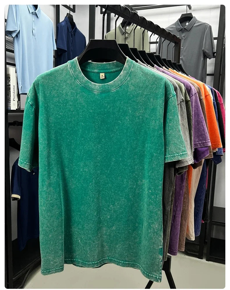 Personality washed vintage short sleeve T-shirt high-end 100% pure cotton men fashion round neck comfort lightweight casual top.
