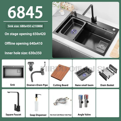 Küchenspüle, verdickter Edelstahl 304, doppelspurig, abgestuft, multifunktional, großer Einzelschlitz, Wasch-/Schnitt-/Abfluss in einem kompletten Satz