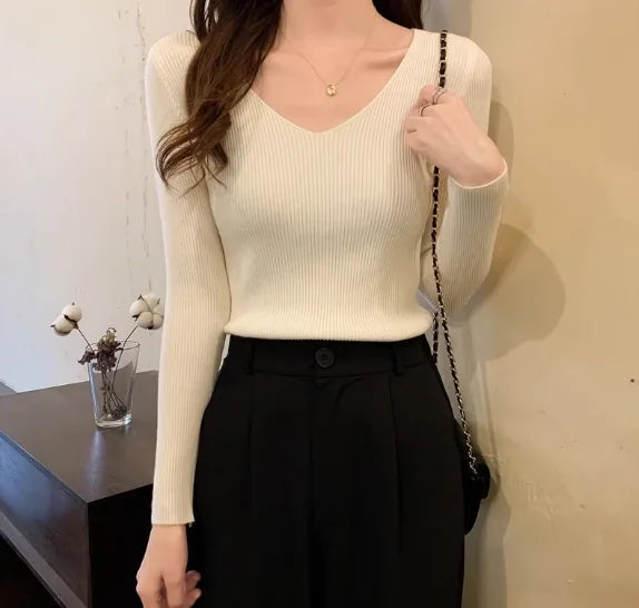 2026 herbst Winter Frauen Solide Rippen Stricken V-ausschnitt Streifen Pull Pullover Femme Y2k Langarm Pullover Jersey Tops Mode Kleidung.