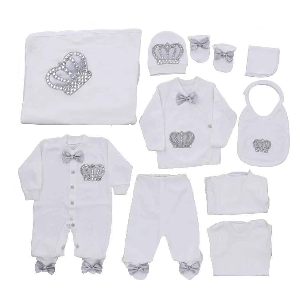 10-teiliges blaues 100 % Baumwollgewebe, gestrickt, Großhandel, individuell gestaltet, Neugeborene, neues Design, Winterkleidung, Kleidung, Luxus-Baby-Strampler-Set.