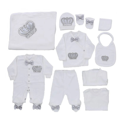 10-teiliges blaues 100 % Baumwollgewebe, gestrickt, Großhandel, individuell gestaltet, Neugeborene, neues Design, Winterkleidung, Kleidung, Luxus-Baby-Strampler-Set.