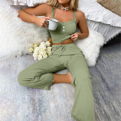 Neues zweiteiliges Damen-Pyjama-Set mit einfarbiger Spitzenkante, sexy Slim-Fit-Hosenträger und Hose, weiches und bequemes Pyjama-Set.