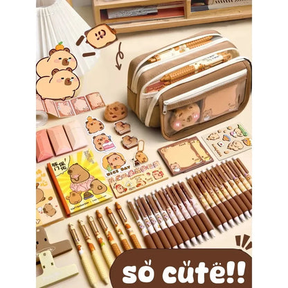 Große Kapazität Bleistift Tasche Capybara Cartoon Leinwand Schreibwaren Halter Tasche Mit Broschen Aufkleber Clips Schlüsselanhänger Kinder Stift Fall.