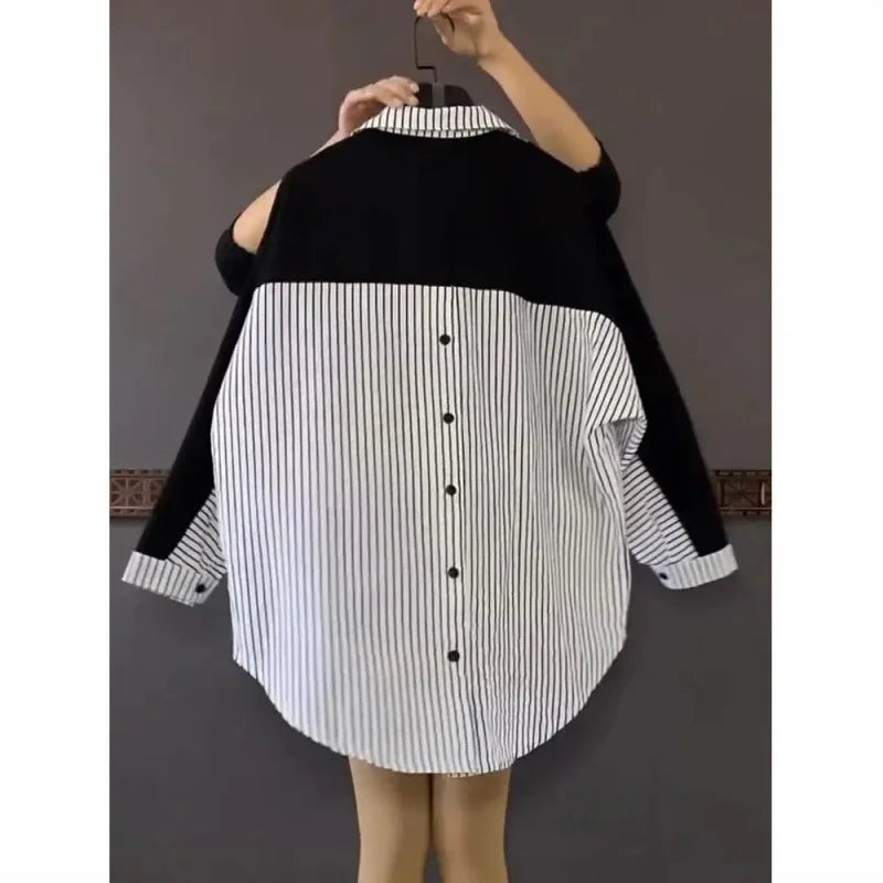 Plus Size Women's Loose-Fit Slimming Medium-Length Color Blocking Striped Shirt Fashionable Top Stylish Hiding Body Shape.