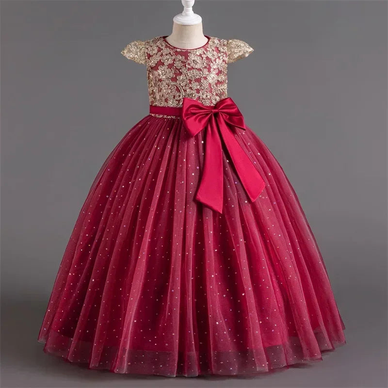 Mädchen Abschlussfeier Bankett Stickerei Paillettenkleid Hochzeitskleid Party Blumenkind Performance und bodenlanges Kleid