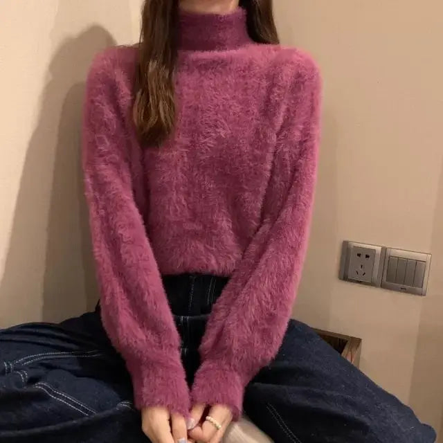 2025 frauen Gestrickte Tops Winter Imitieren Nerz Wolle Heißer Fleece Weibliche Rollkragen Elastische Beiläufige Pullover Weiche Warme Pullover.