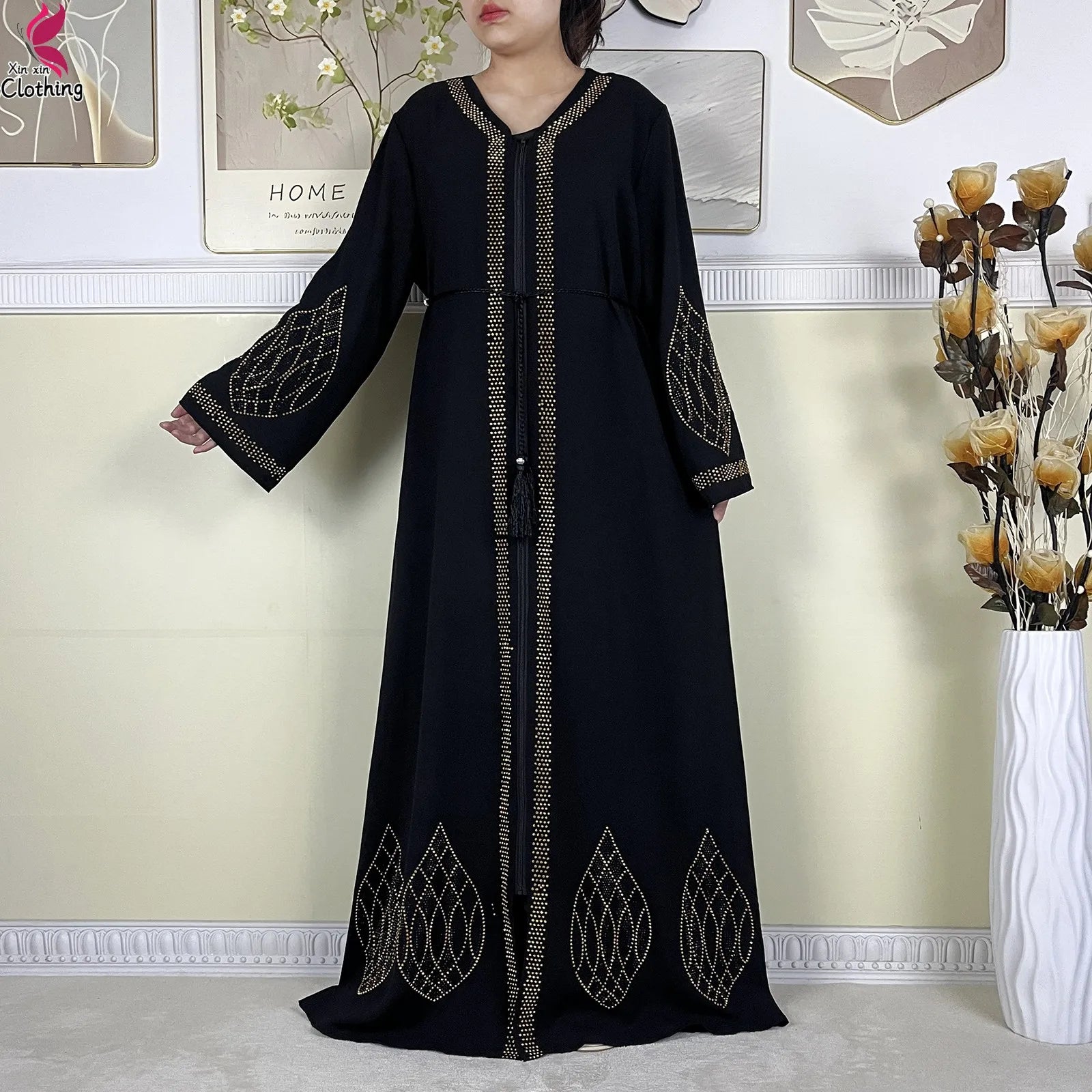 New Dubai Women Elegant Dress Diamonds Chiffon Open Abaya with Zipper Islamic Turkey Clothing Women Muslim Party Evening Dress.