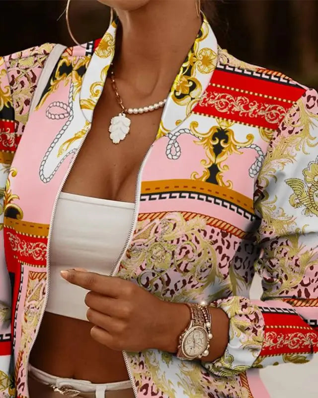 Mode Frauen Jacken Dünne Kurze Mäntel Herbst Vintage Print Lange Sleeve Zipper Dünne Jacke 2024 Casual Oberbekleidung Weibliche Jacke.