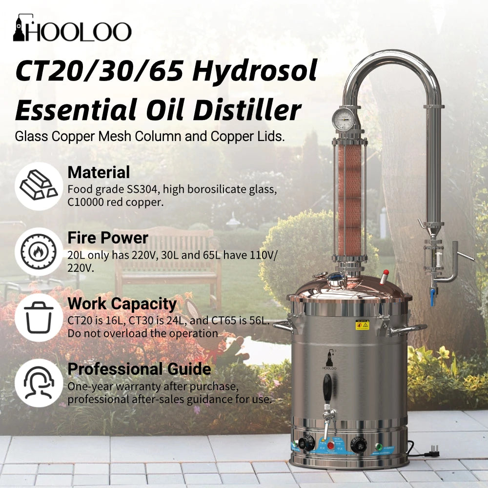 HOOLOO CT Distiller Electric Hydrolat Essential Oil Still Moonshine Still Copper lid Glass Copper Mesh Column Home Fragrance.
