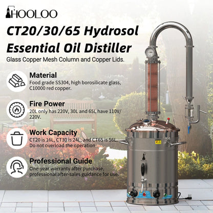 HOOLOO CT Distiller Electric Hydrolat Essential Oil Still Moonshine Still Copper lid Glass Copper Mesh Column Home Fragrance.