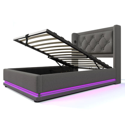 Gepolstertes Einzelbett 90x200 cm, graue Baumwolle, USB-C-Aufladung, 3-seitige LED (keine Matratze)