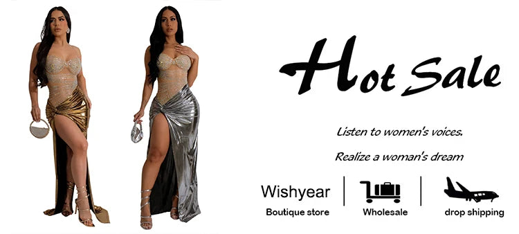 Wisheyar elegante Promi Glitter Metallic Silber Geburtstag lange Kleider Frauen ärmellose Front Split Luxus Geburtstag Vestidos.