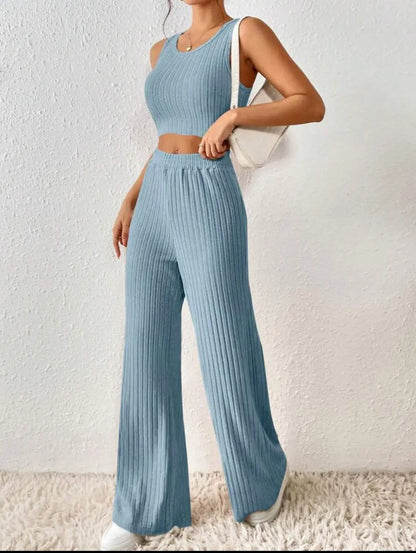 New Spring Solid Color Fashion Casual Knitted Cotton Waist Sleeveless Tank Top High Waist Pants Set For Women's Clothing.
