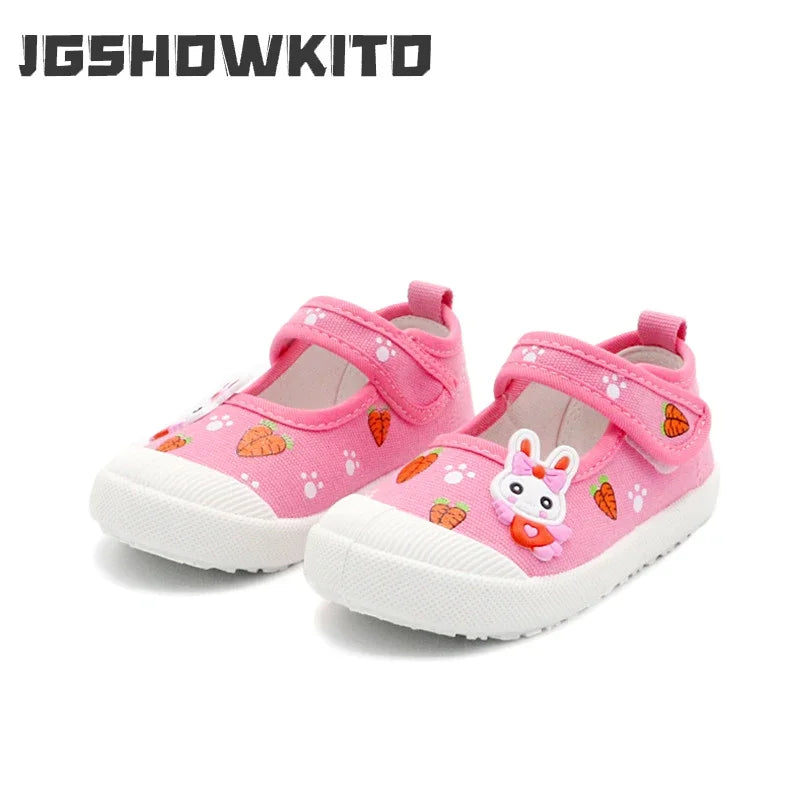 JGSHOWKITO Girls Canvas Shoes Soft Sports Shoes Kids Running Sneakers Candy  With Cartoon Rabbit Carrots Prints Children.