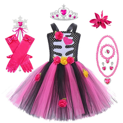 Halloween Kinder Kleid Cosplay Herz druck Skelett Kostüme Mädchen Blumen Schädel Tutu Kleidung Kinder Karneval Leistung Outfits