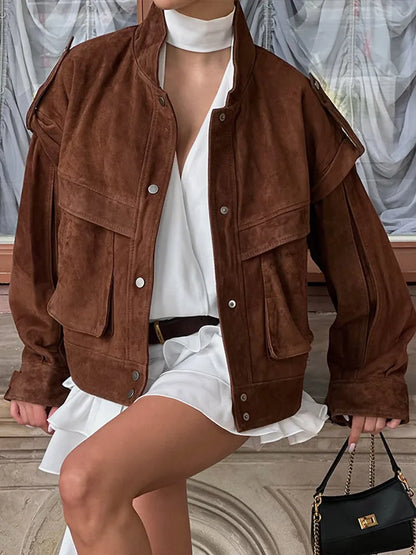 Wildleder Fleece Taschen Damen Jacken Mode Einreiher Langarm Mäntel Lose Gerade Kurze Tops Herbst Warme Kleidung.